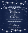 Elegant winter wedding invitation, decorated with snowflakes and lights.